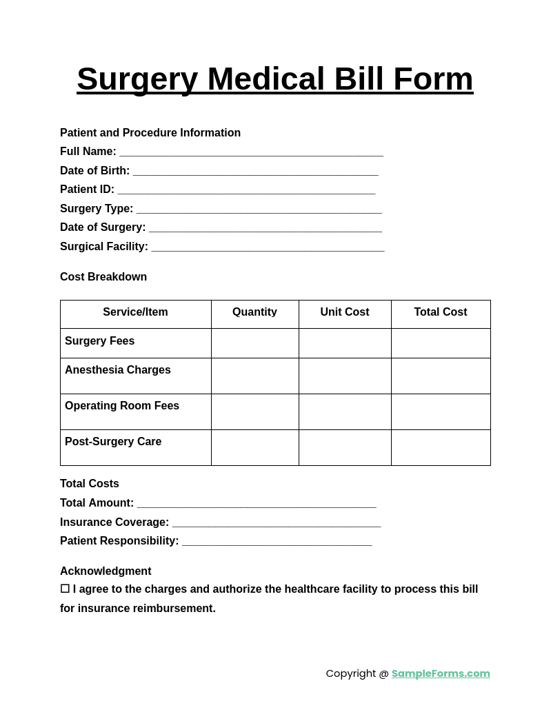 surgery medical bill form