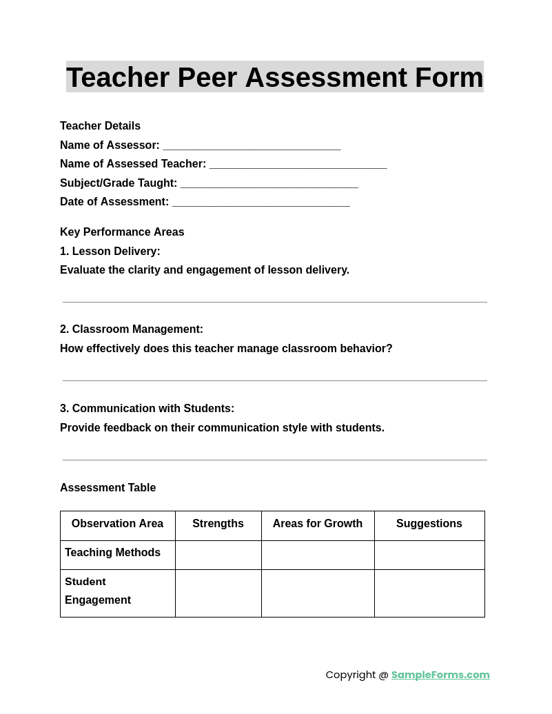 teacher peer assessment form