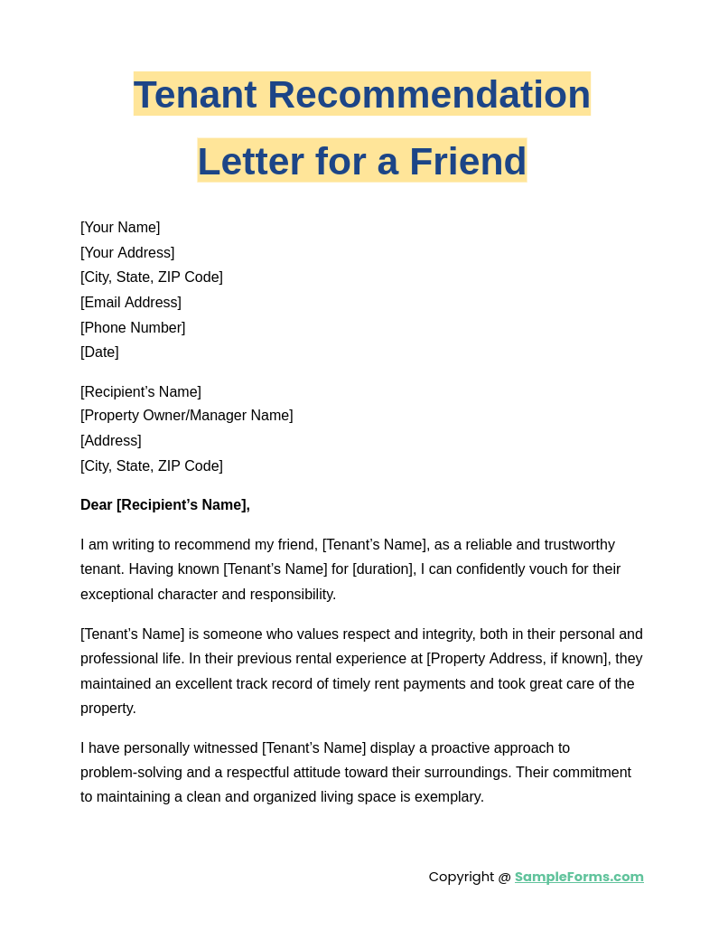 tenant recommendation letter for a friend