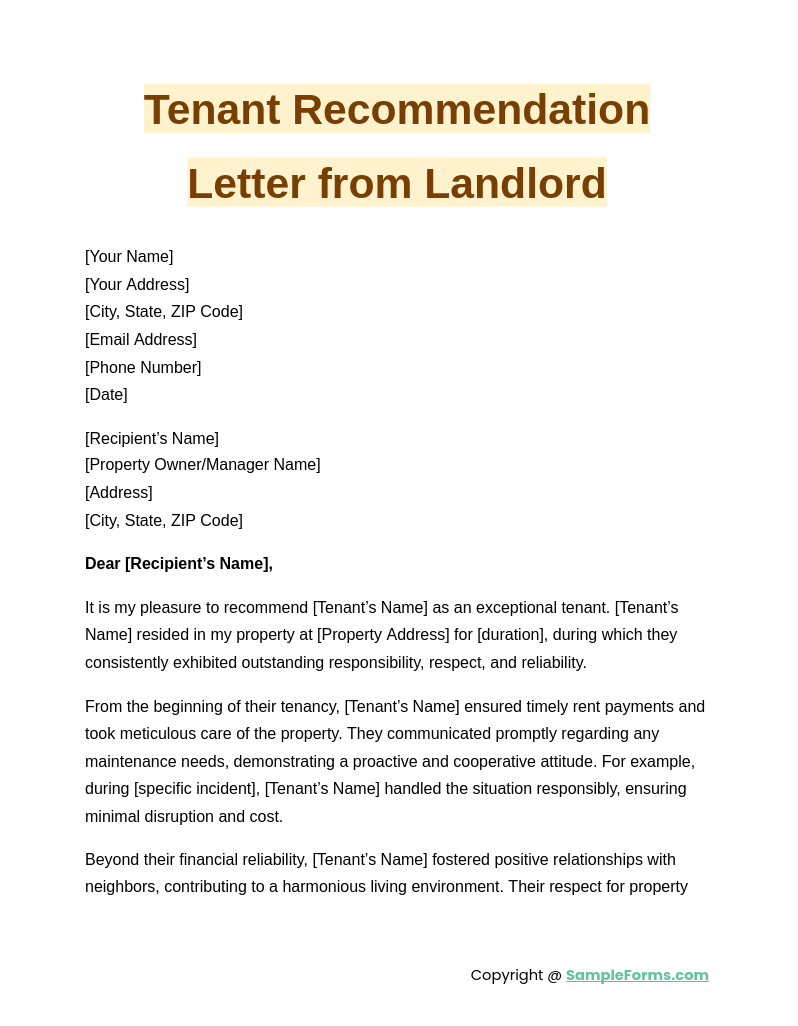 tenant recommendation letter from landlord