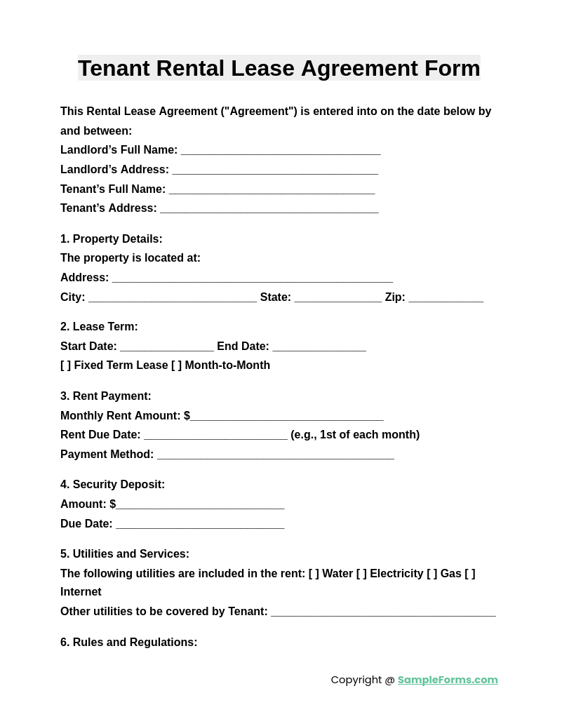 tenant rental lease agreement form