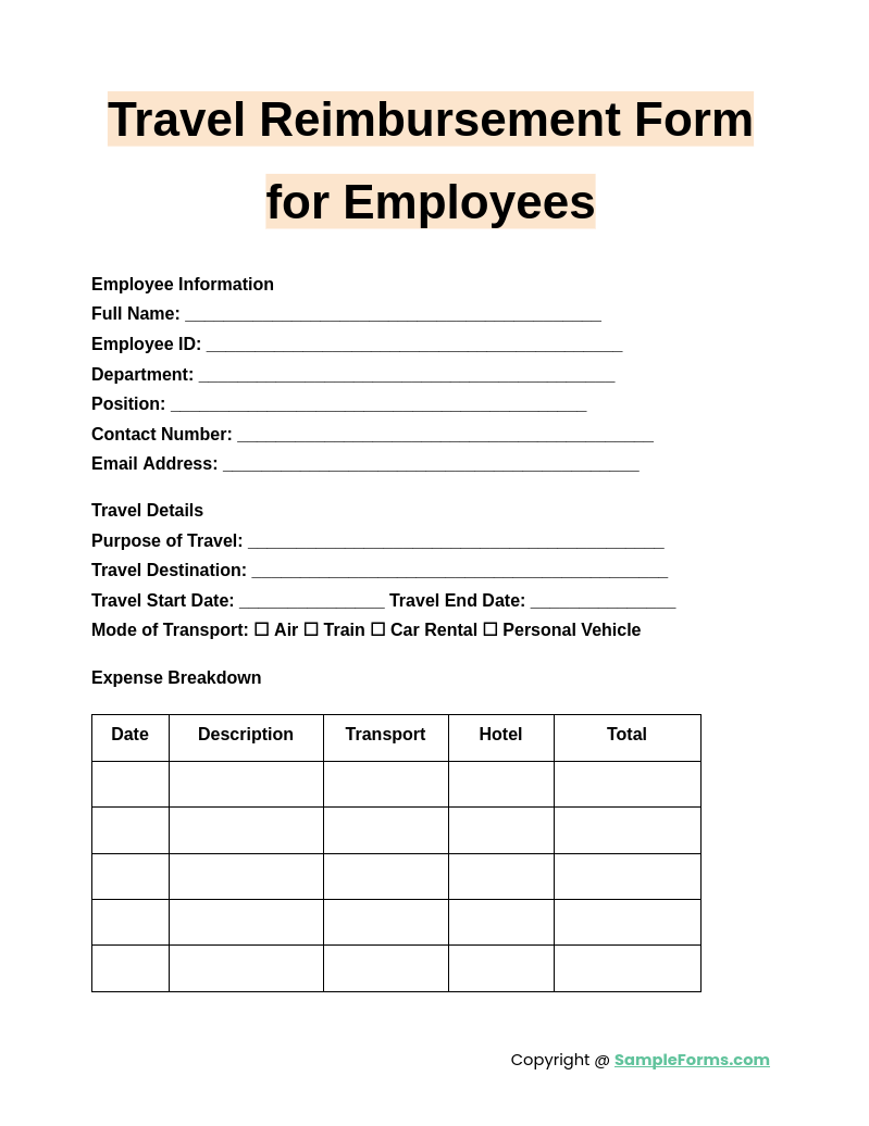 travel reimbursement form for employees