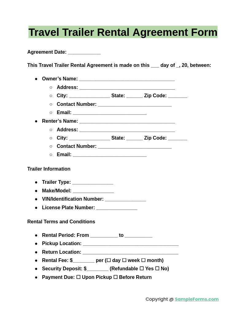 travel trailer rental agreement form