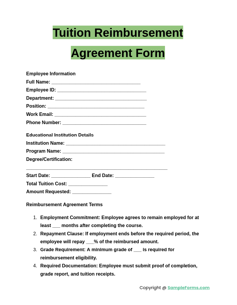 tuition reimbursement agreement form