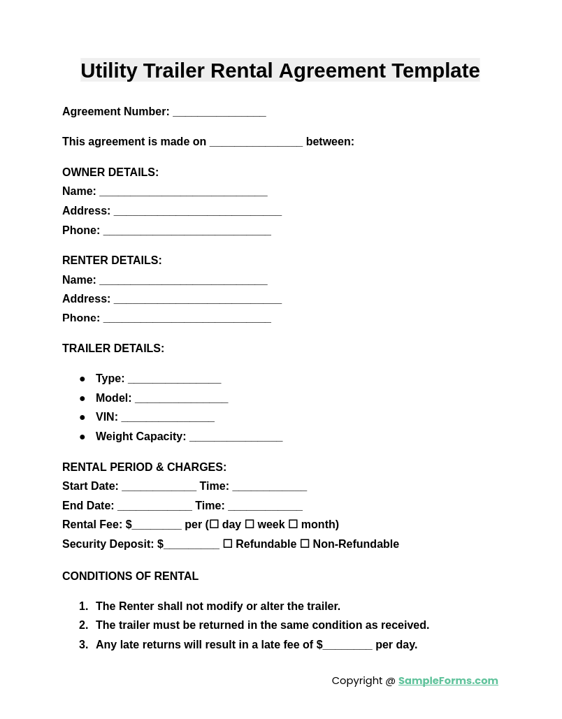 utility trailer rental agreement template