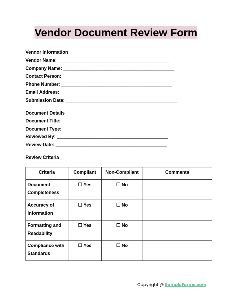 vendor document review form