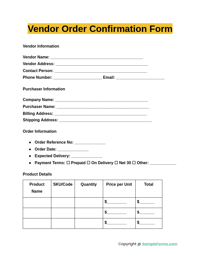 vendor order confirmation form