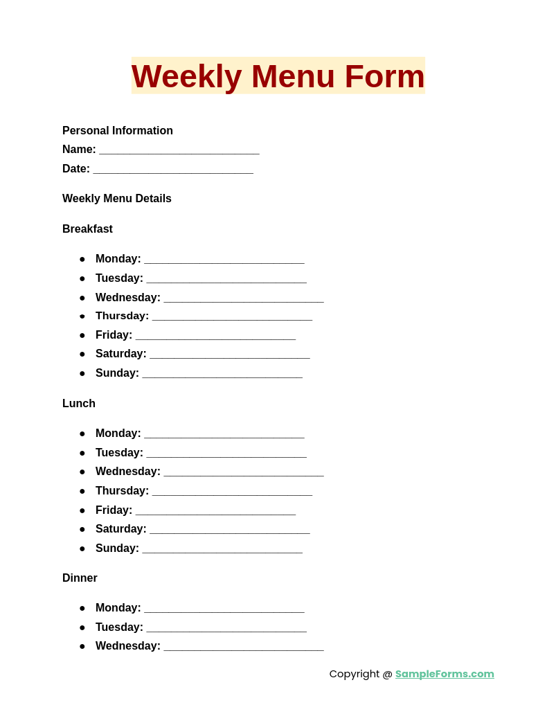 weekly menu form