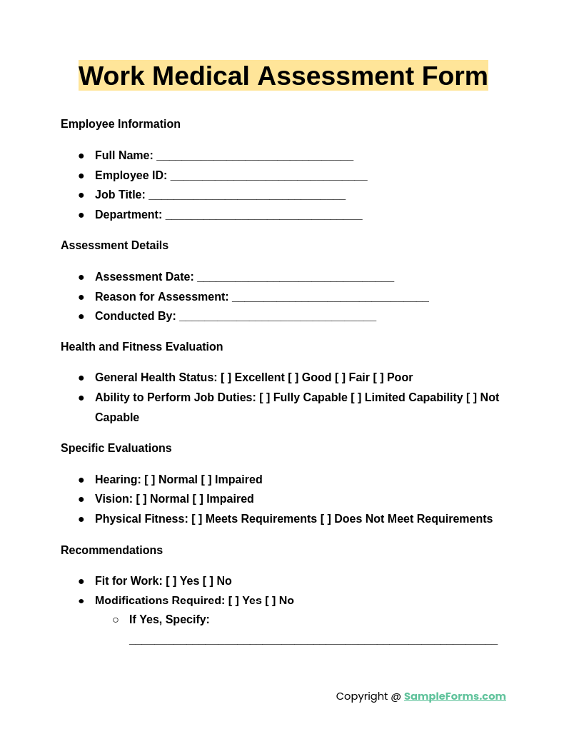 work medical assessment form