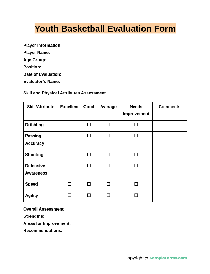 youth basketball evaluation form