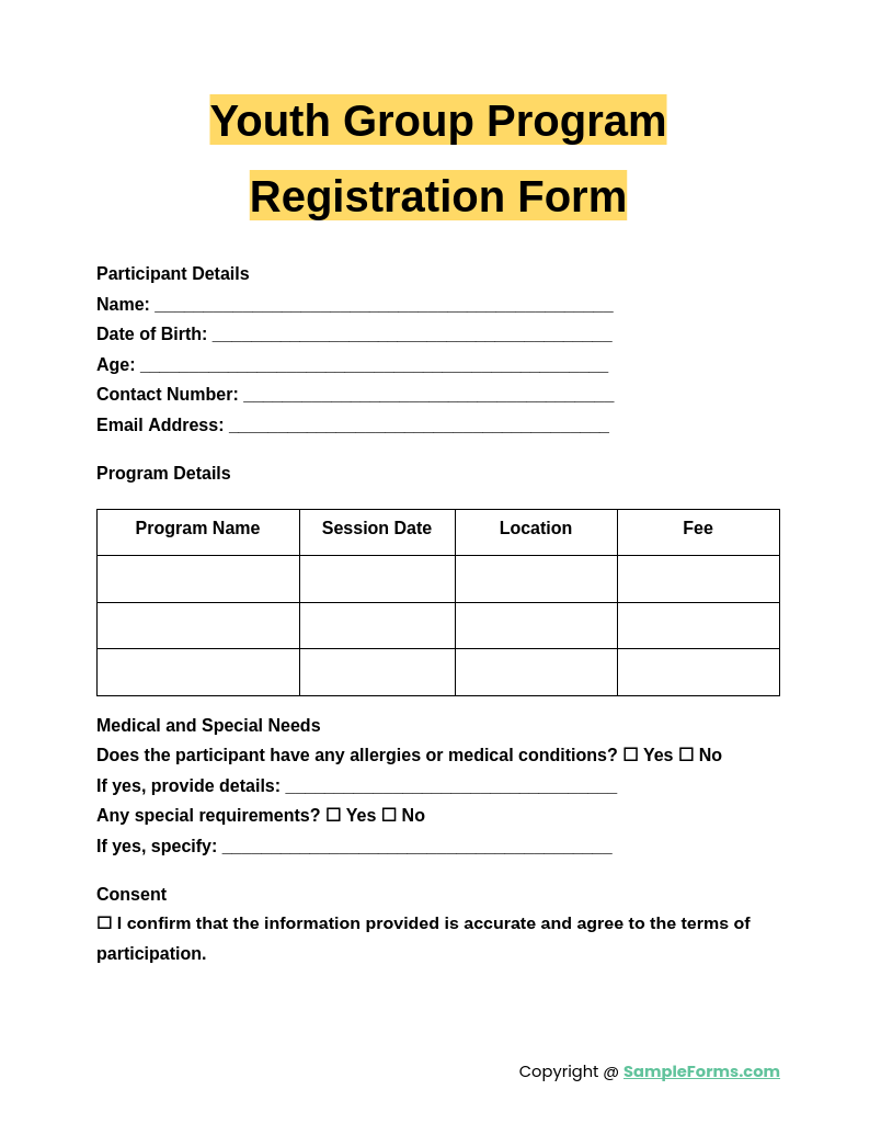 youth group program registration form