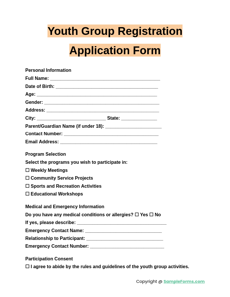 youth group registration application form