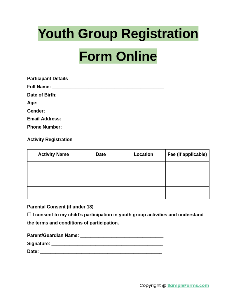 youth group registration form online