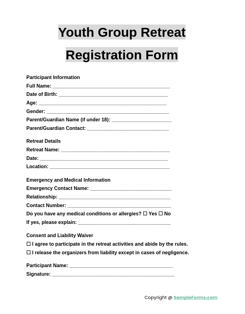 youth group retreat registration form