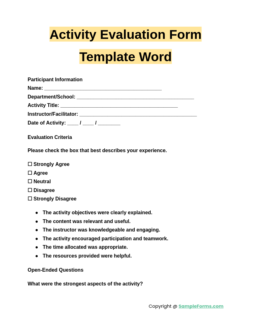 activity evaluation form template word