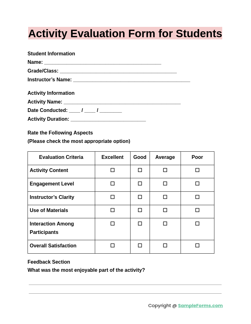 activity evaluation form for students