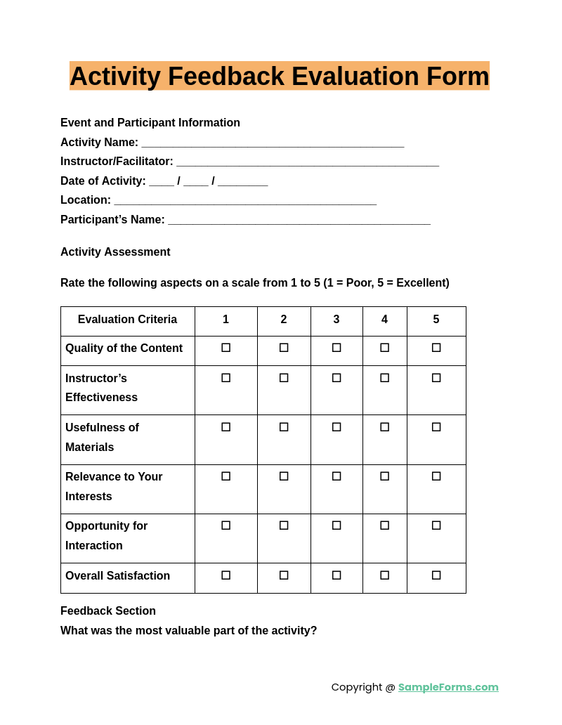 activity feedback evaluation form