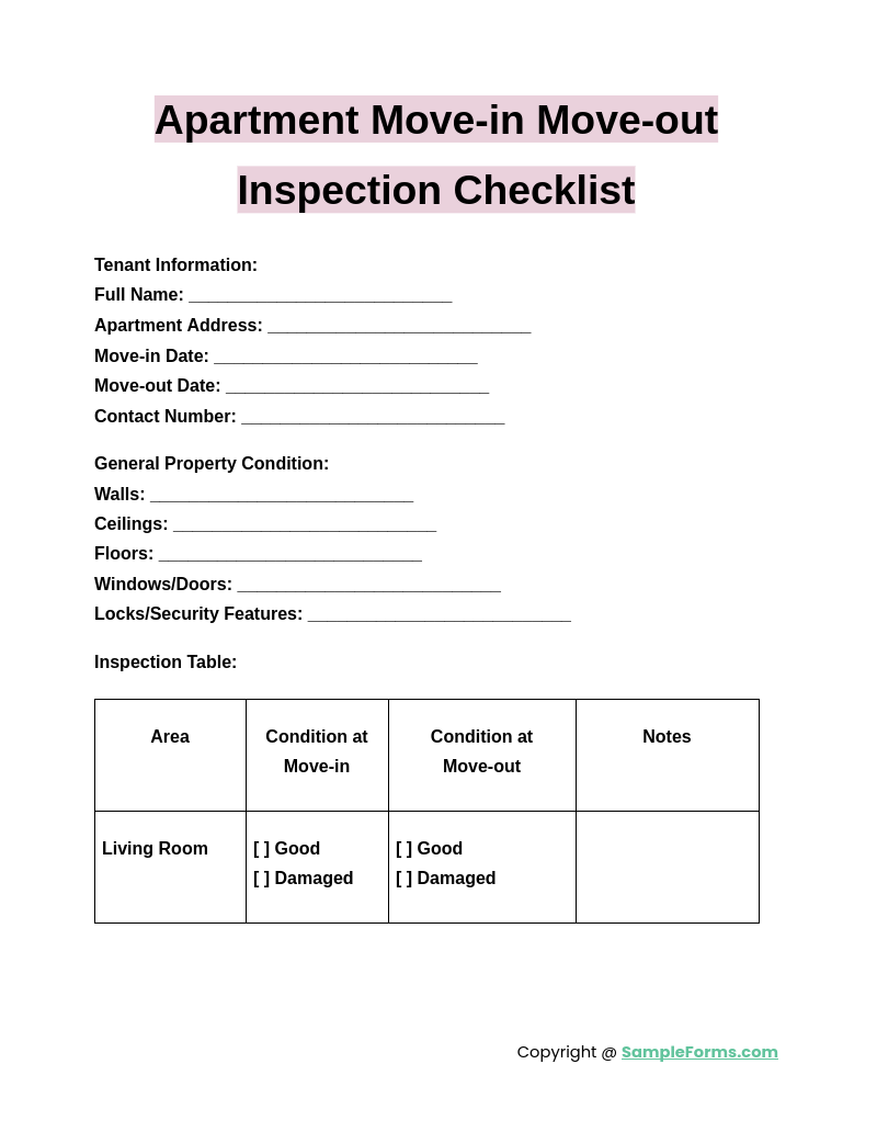 apartment move in move out inspection checklist