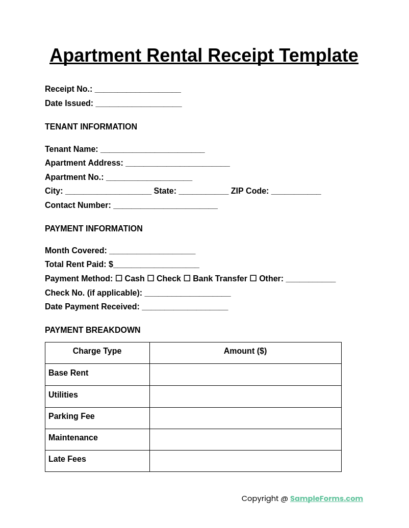 apartment rental receipt template