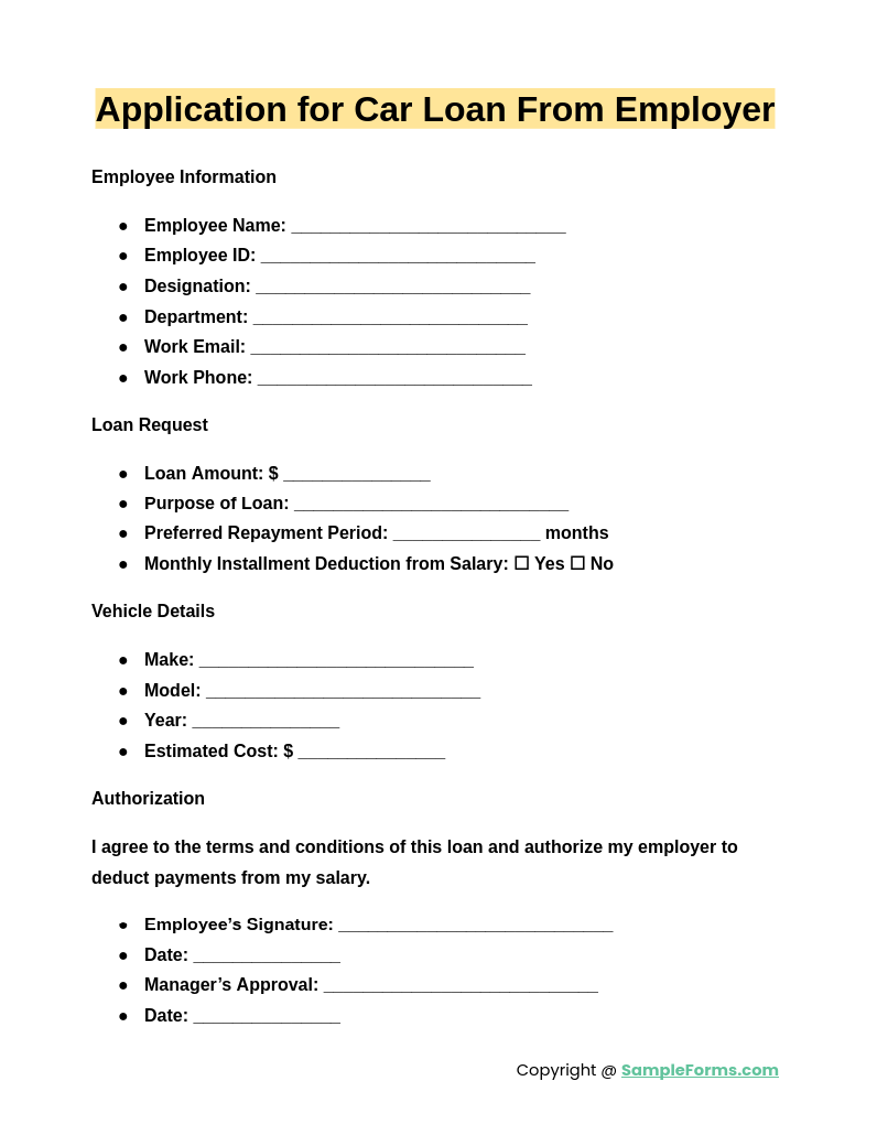 application for car loan from employer