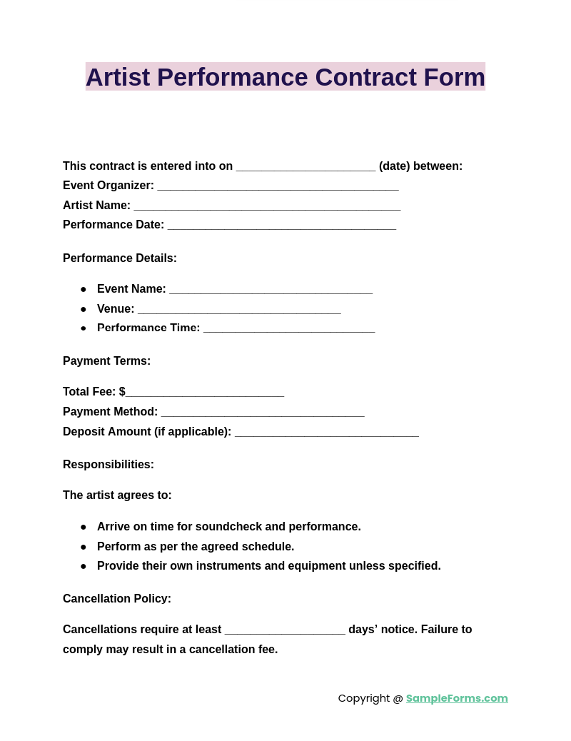 artist performance contract form