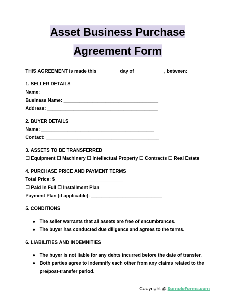 asset business purchase agreement form