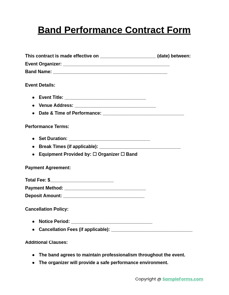 band performance contract form