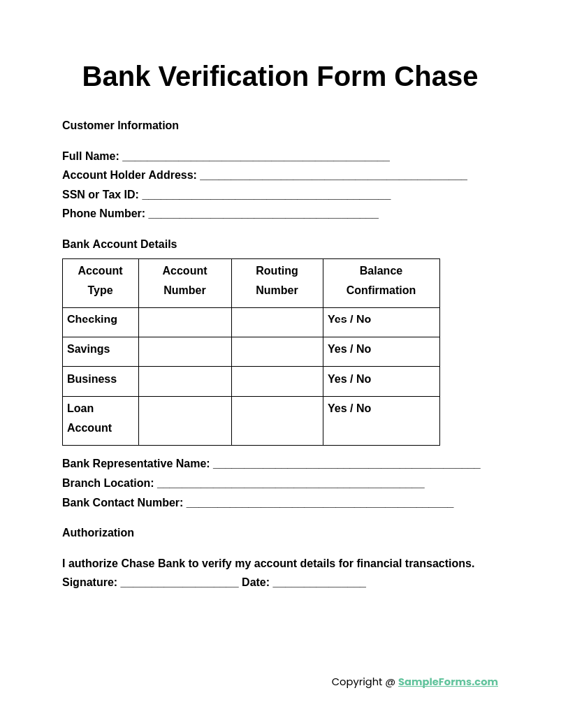 bank verification form chase