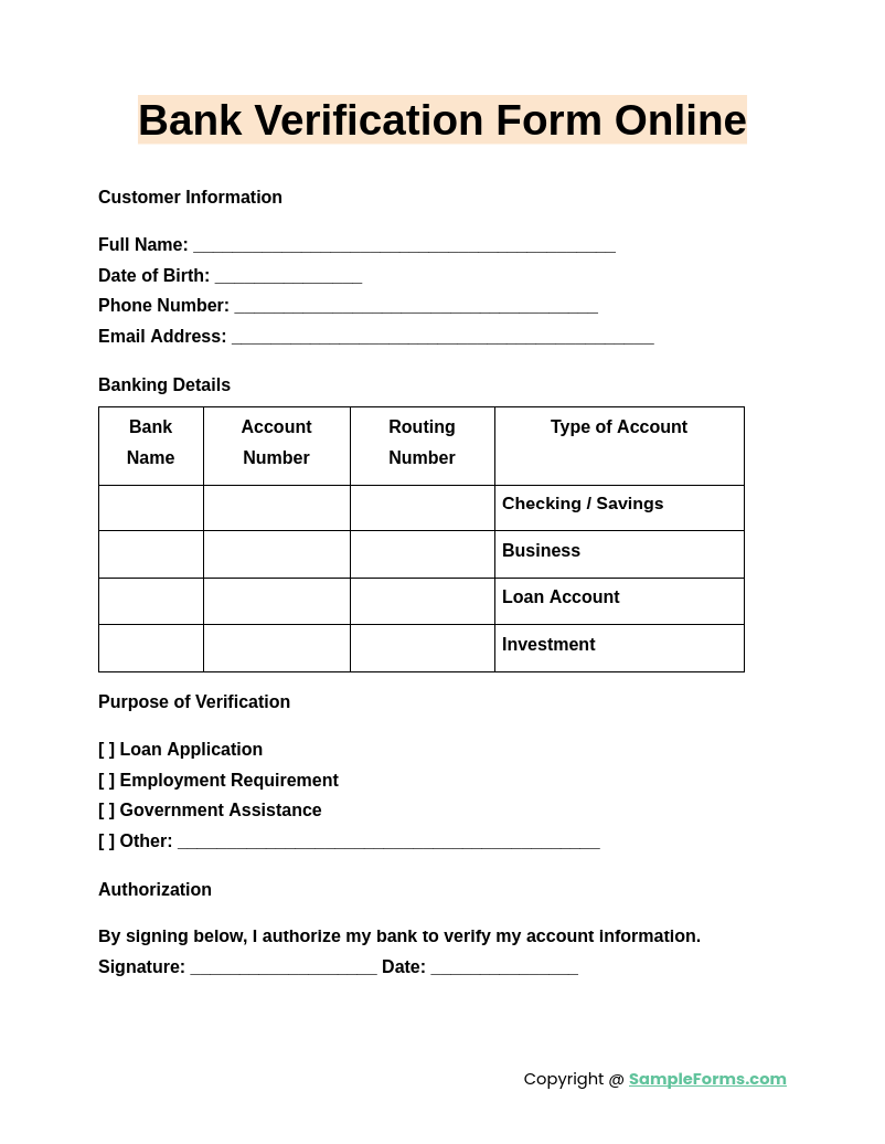 bank verification form online