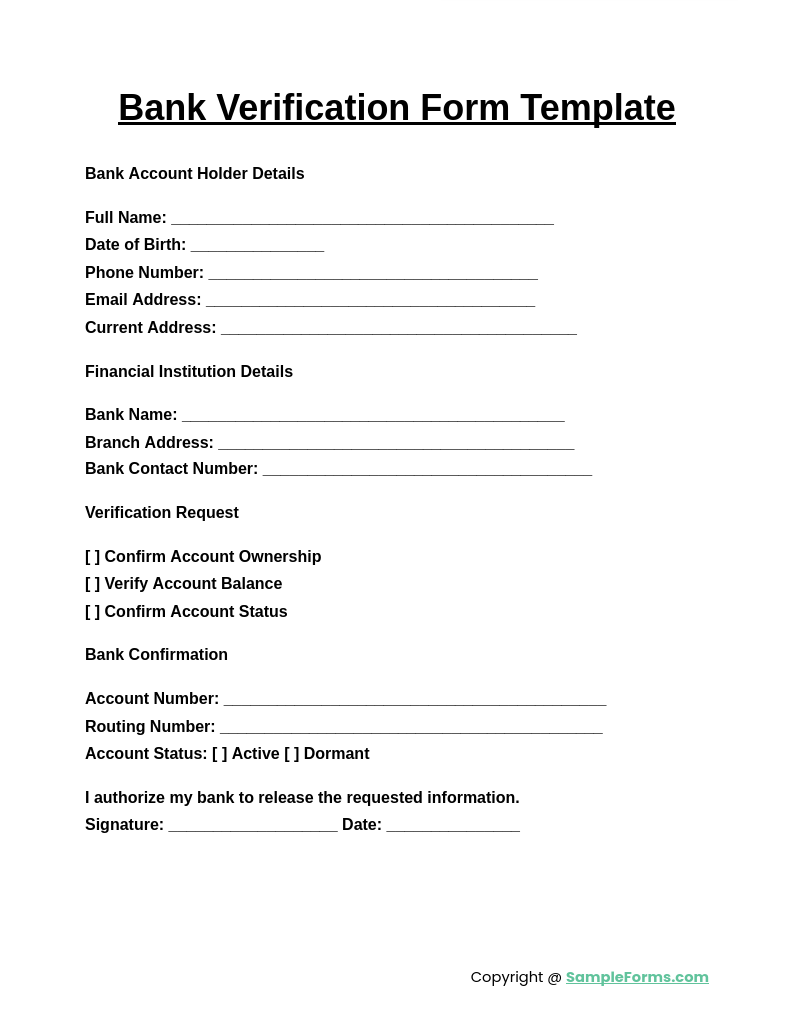 bank verification form template