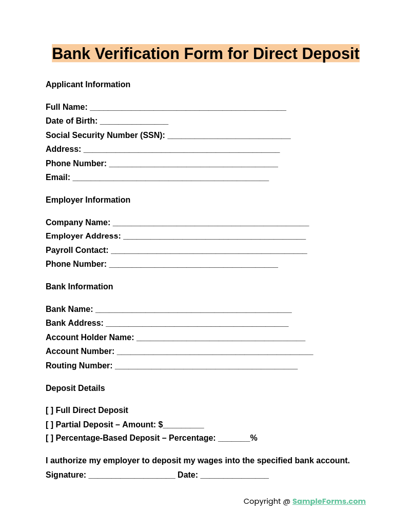 bank verification form for direct deposit