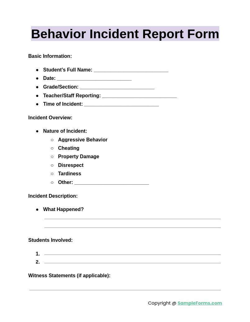 behavior incident report form