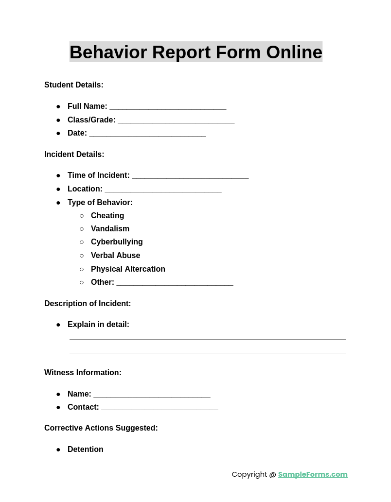 behavior report form online