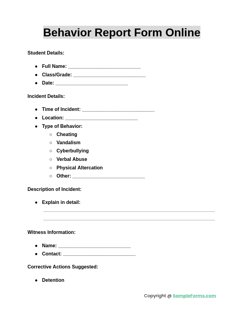 FREE 17+ Behavior Report Form Samples, PDF, MS Word, Google Docs