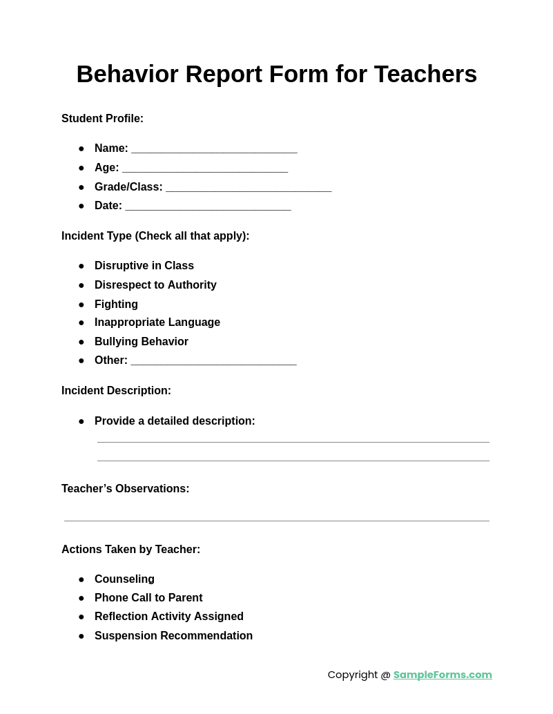 behavior report form for teachers