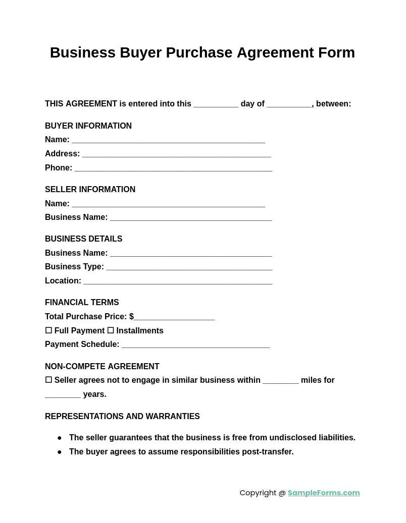 business buyer purchase agreement form