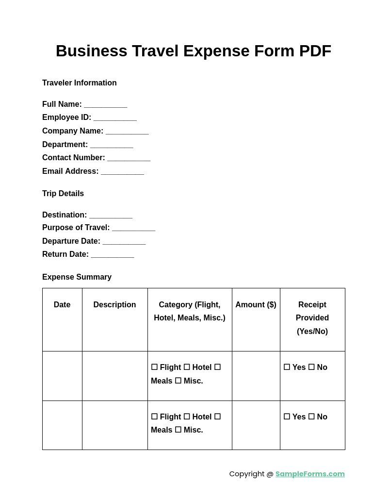 business travel expense form pdf