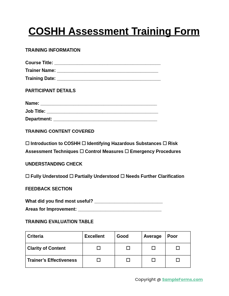 coshh assessment training form