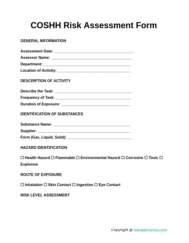 coshh risk assessment form