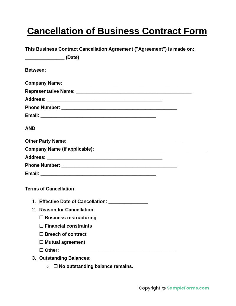 cancellation of business contract form