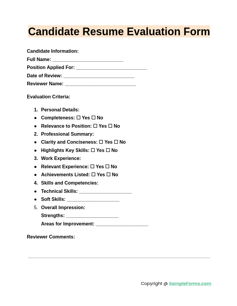 candidate resume evaluation form