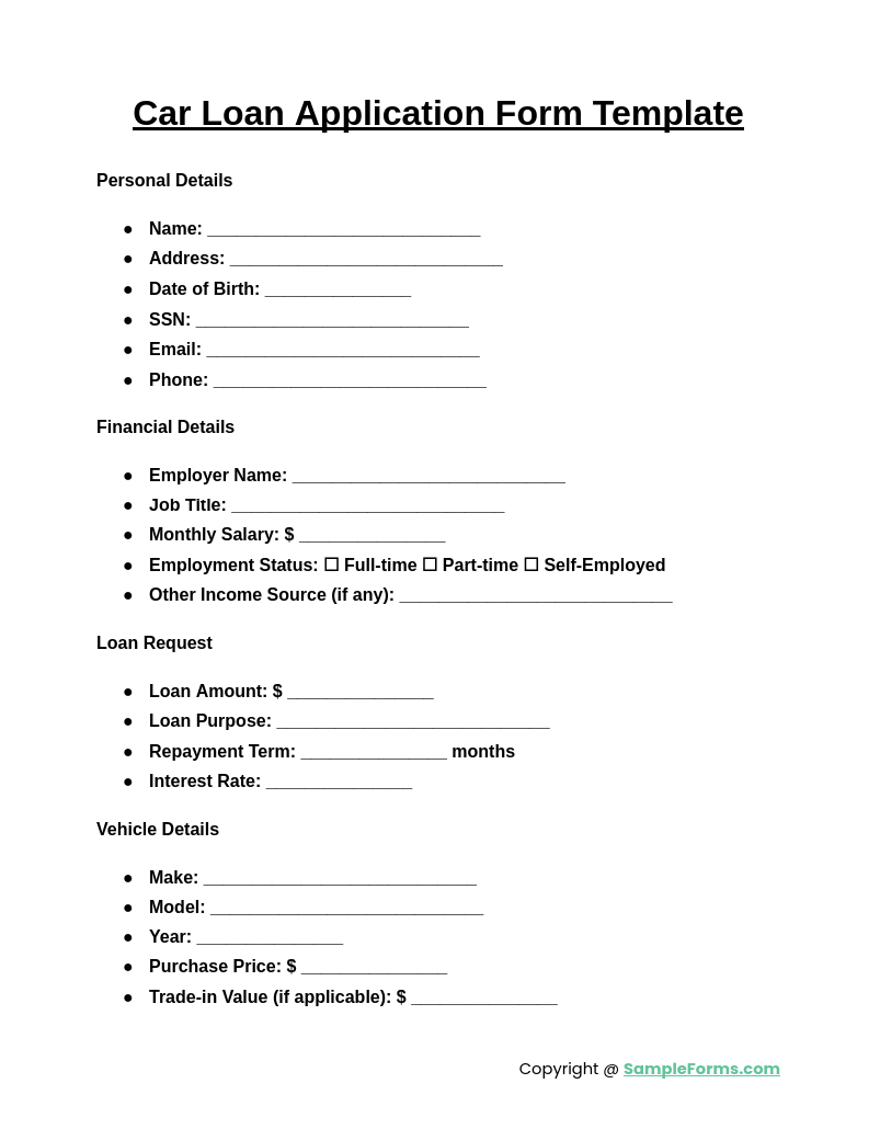 car loan application form template