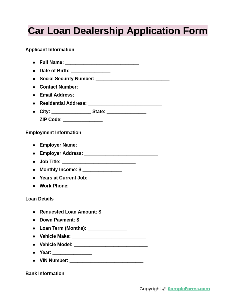 car loan dealership application form