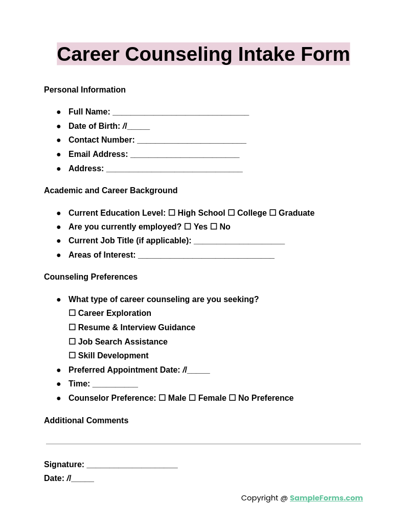 career counseling intake form