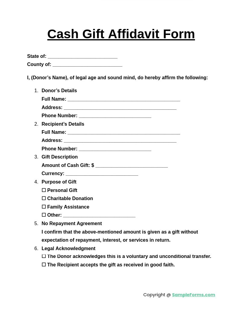 cash gift affidavit form