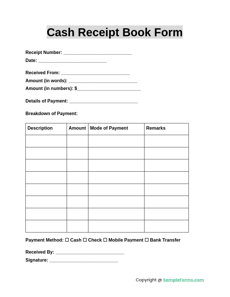 cash receipt book form