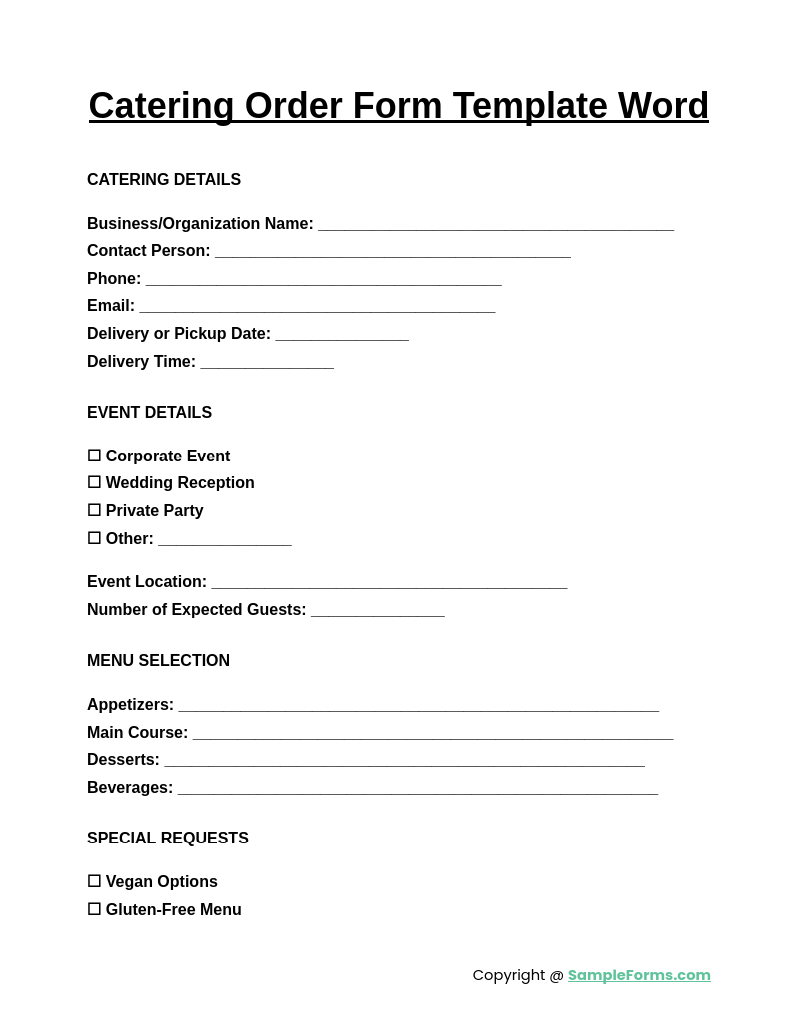 catering order form template word