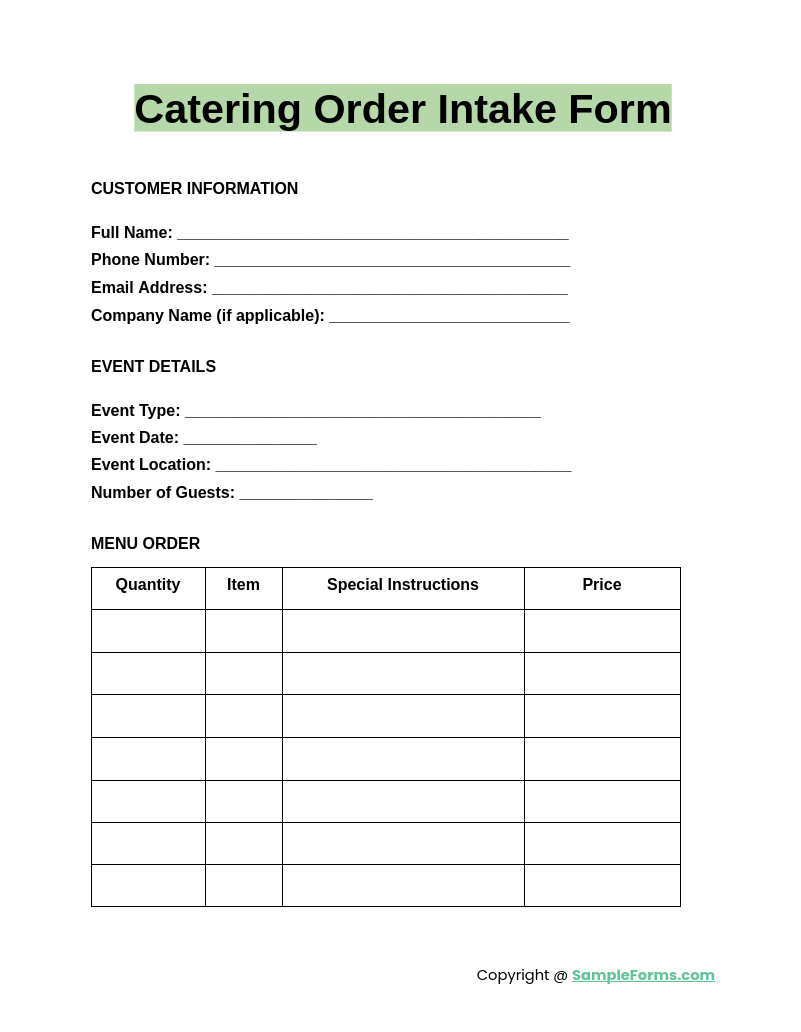 catering order intake form