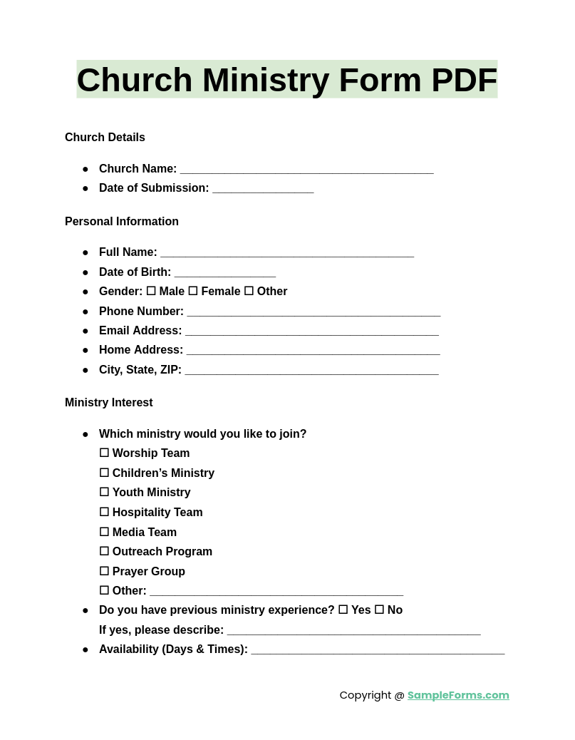 church ministry form pdf