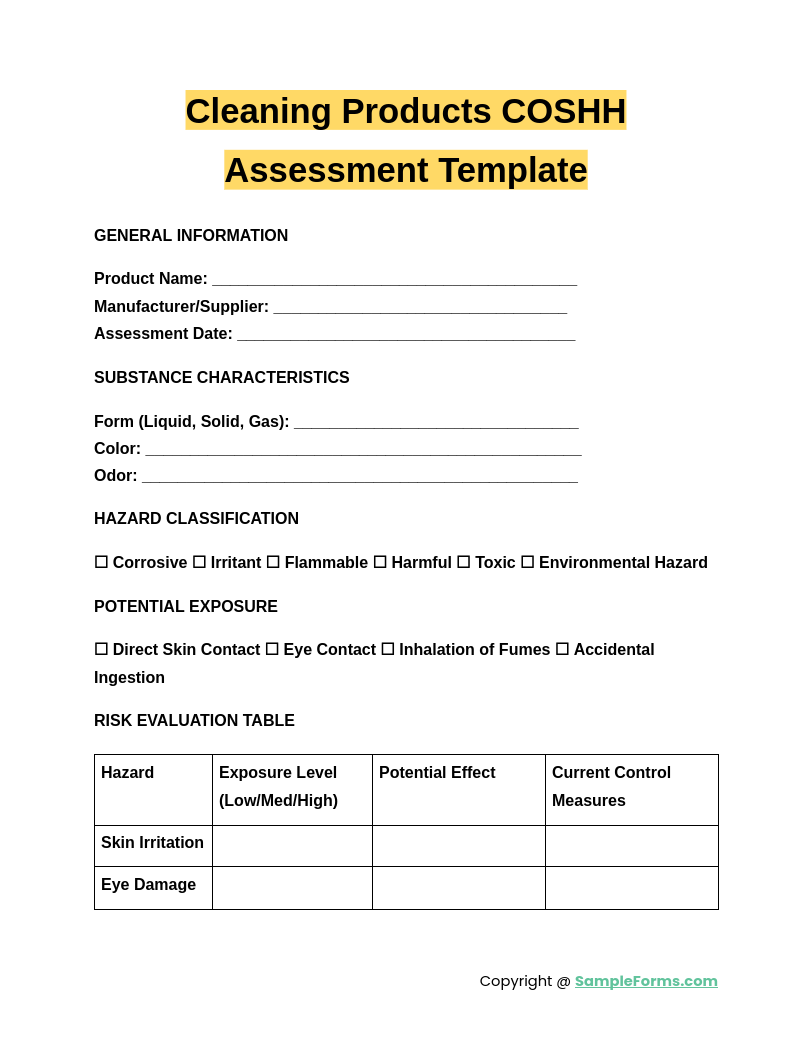 cleaning products coshh assessment template